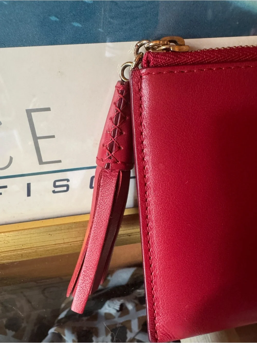 Jimmy Choo Red Leather Zip Around Coin Purse Card Case Tassel